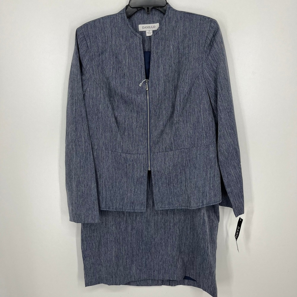 Danillo Womens Navy Denim Herringbone Zip Front Jacket Skirt Suit Set 10 New